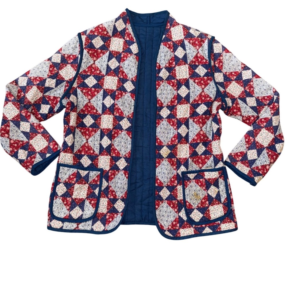 Vintage Sun n Sand Quilted Patchwork Jacket Blue Red‎ White Floral Pockets